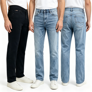 Jeans en denim tricoté chaud pour hommes, 5 poches, logo en cuir, taille élastique, coupe fuselée, pantalon de travail en denim, vente en gros - Product Image 6