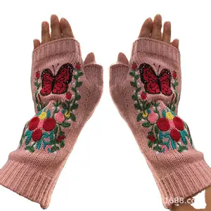 Cross border autumn and winter butterfly flowers long warm adult women's knitted gloves wool gloves women's Gloves