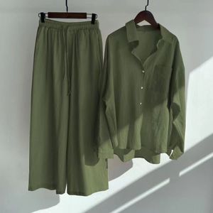 Set da donna 2 pezzi retrò camicia Casual Plus Size <span class=keywords><strong>pantaloni</strong></span> lunghi di cotone completi <span class=keywords><strong>pantaloni</strong></span> larghi a <span class=keywords><strong>vita</strong></span> alta elasticizzati completi - Product Image 6