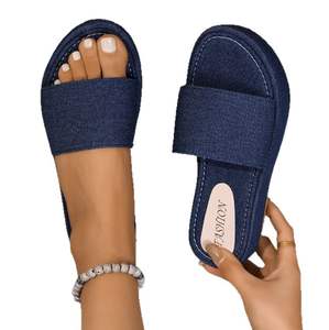 Estate Plus nuove pantofole da <span class=keywords><strong>donna</strong></span> con tacco a zeppa da <span class=keywords><strong>donna</strong></span> di moda europea e americana Denim blu con testa rotonda - Product Image 5