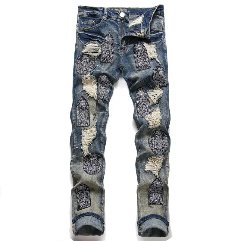 Aeedenim Slim Fit Elastische Gescheurde Jeans Mannen Distressed Vernietigde Borduurspijkerbroek Kleine Rechte Pijpen Heren Jeans