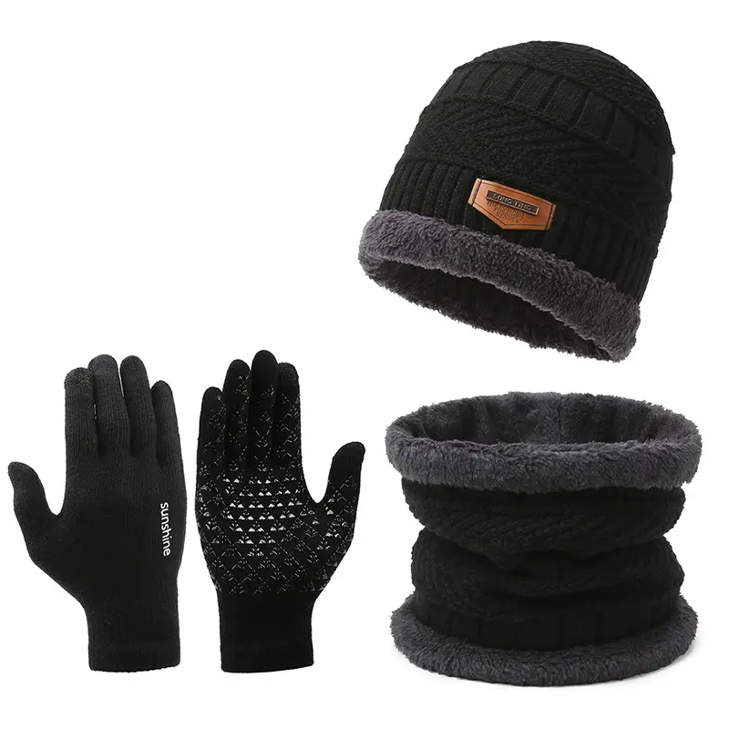 winter fashion knitted Soft wool three piece set solid color warm hood Luxury beanie Gloves hat and scarf set woman