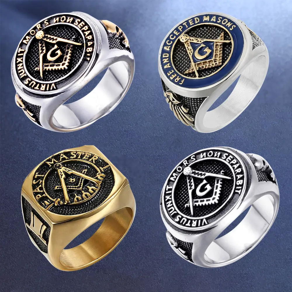 Fashion New Product Wholesale Masonic Totem Carved Titanium Steel Ring Customized Men Jewelry