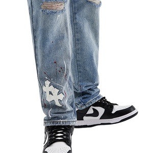 <span class=keywords><strong>Jeans</strong></span> incrociati da uomo con toppa strappata 2023 primavera/estate <span class=keywords><strong>pantaloni</strong></span> in Denim a gamba dritta - Product Image 4