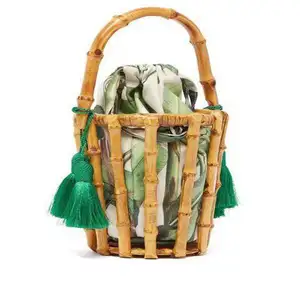 กระเป๋าไม้ไผ่ทรงกลมสำหรับผู้หญิง,กระเป๋าถือแฟชั่นฤดูร้อนทำจากไม้ไผ่กระเป๋าชายหาด