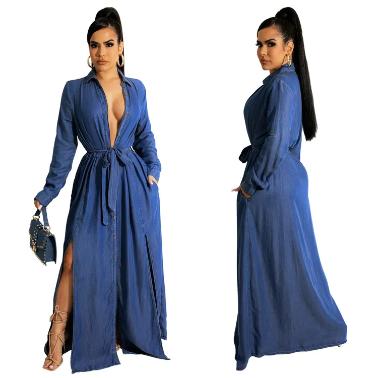 Fashion Outfit Long Sleeve High Street Casual Jean Dress Denim Women Shirts Ladies High Slit Large Skirts Long Dress With Belt
