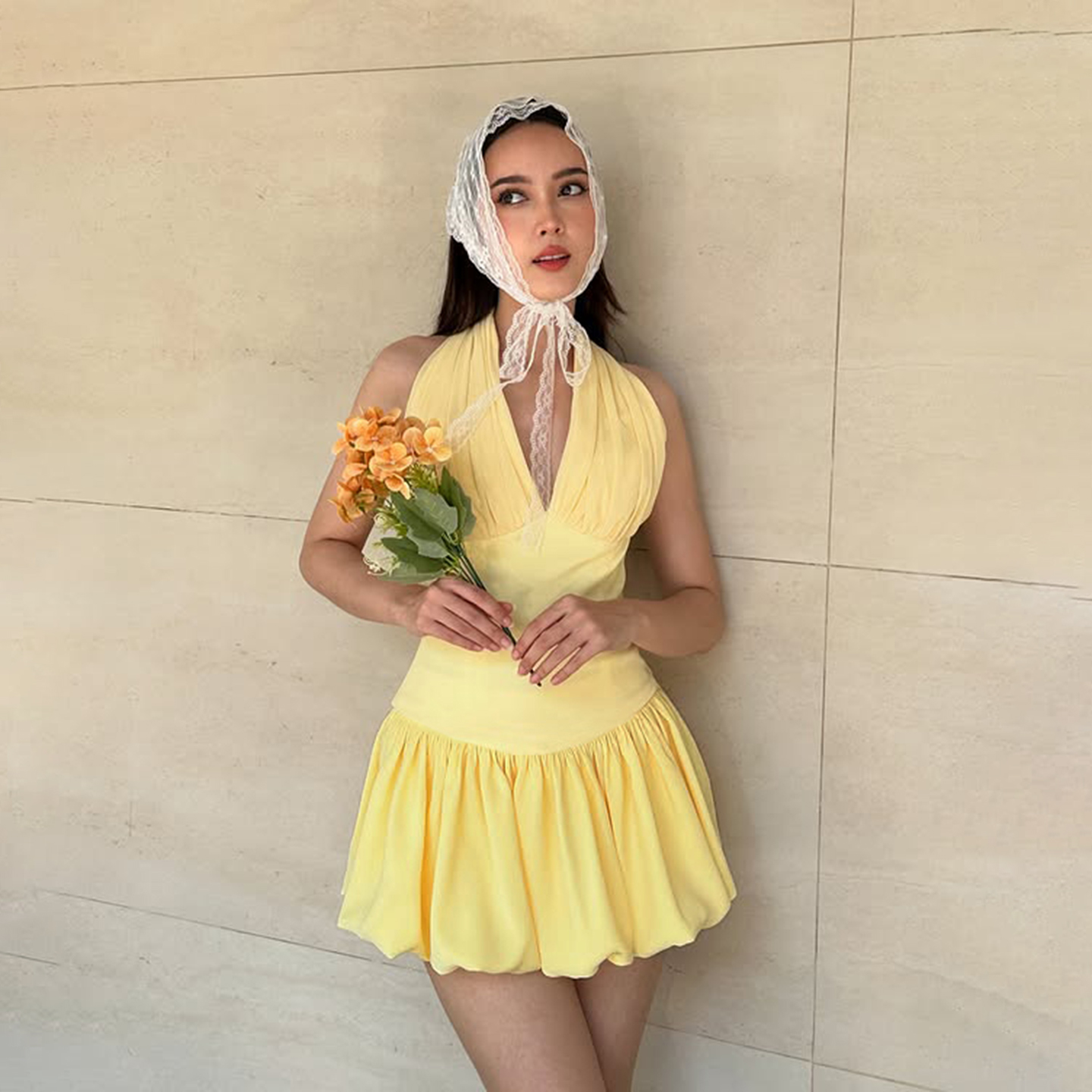 slim fit dress slacks Kaiko Halter Mini Dress Yellow