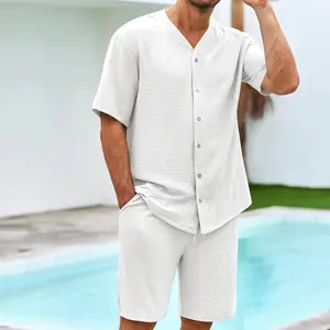 OEM Custom Summer Fashion Casual Solid Color Button-down Shirt Shorts Two-piece Men's Set