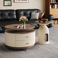 Ensemble de tables basses rondes modernes et mobiles, table centrale de salon populaire avec rangement et roulettes, style crème, en bois