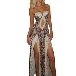 Nouvelles robes d'été pour femmes à imprimé léopard, à dentelle, à fente, à bretelles, tendance - Product Image 1