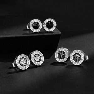 Boucles d'oreilles Hip Hop pour Homme, plaqué or 14 carats, avec clous à pointes noirs, zircone cubique ronde, croix, ancre, étoile, style Iced Out, zircone cubique 5A - Product Image 1