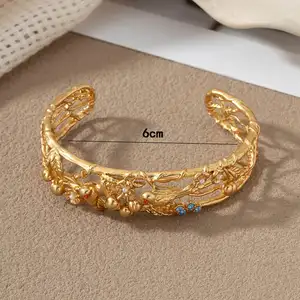 Thời Trang Đồ Trang Sức Vòng Đeo Tay Bangles 18K Vàng Mạ Hollow Flower Cuff Vòng Tay Nhẫn Quà Tặng Đám Cưới