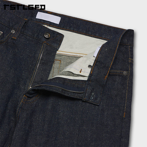 Cut And Sew Japanese Selvedge Workwear Jeans Deep Indigo Raw Relaxed Straight Gold Chain Stitch Leather Patch Jeans - Product Image 6