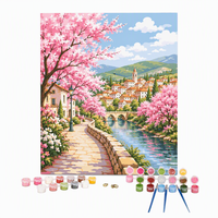 Peinture acrylique sur toile, kit de peinture par numéros DIY 40x50cm, paysage de ville aux cerisiers en fleurs, art fait main pour la décoration de la maison