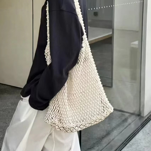 Túi tote thiết kế độc đáo, kiểu dáng giản dị, dung tích lớn, phong cách thoải mái, túi lưới dây thừng sáp, đeo vai/nách, túi dệt dùng cho bãi biển - Product Image 1