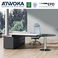 Bureau de direction haut de gamme ATWOKA blanc avec table de réunion ronde en verre réglable en hauteur et armoire verrouillable