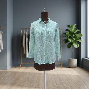Camisa de Popelina para Mujer, Azul Claro, Estampado Geométrico, Transpirable, Estilo Vintage, Casual, con Botones, Manga Larga, 100% Algodón, para Todas las Temporadas, Corte Regular - Product Image 2