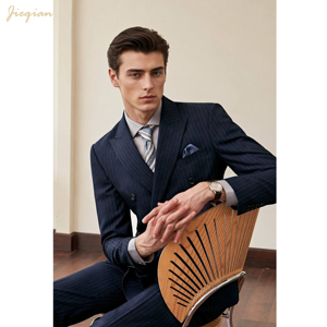 Completo da Uomo di Lusso <span class=keywords><strong>Blu</strong></span> Navy a Righe, 3 Pezzi, in Lana Premium, Vestibilità Slim, per Business e Matrimoni, MOQ 1 Set, Tessuto Personalizzato, Fabbrica OEM ODM - Product Image 2