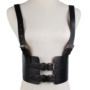 Elastic Artificial Black Leather Vest Suspender Belt, Decorative Shirt Black PU Girdle Belt Women