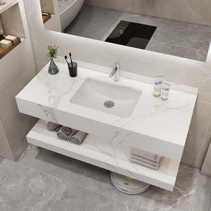 Meuble-lavabo de salle de bain moderne à deux niveaux avec plan en céramique <span class=keywords><strong>LED</strong></span> intelligent et dessus en marbre, avec <span class=keywords><strong>dalle</strong></span> de pierre pour la maison - Product Image 1
