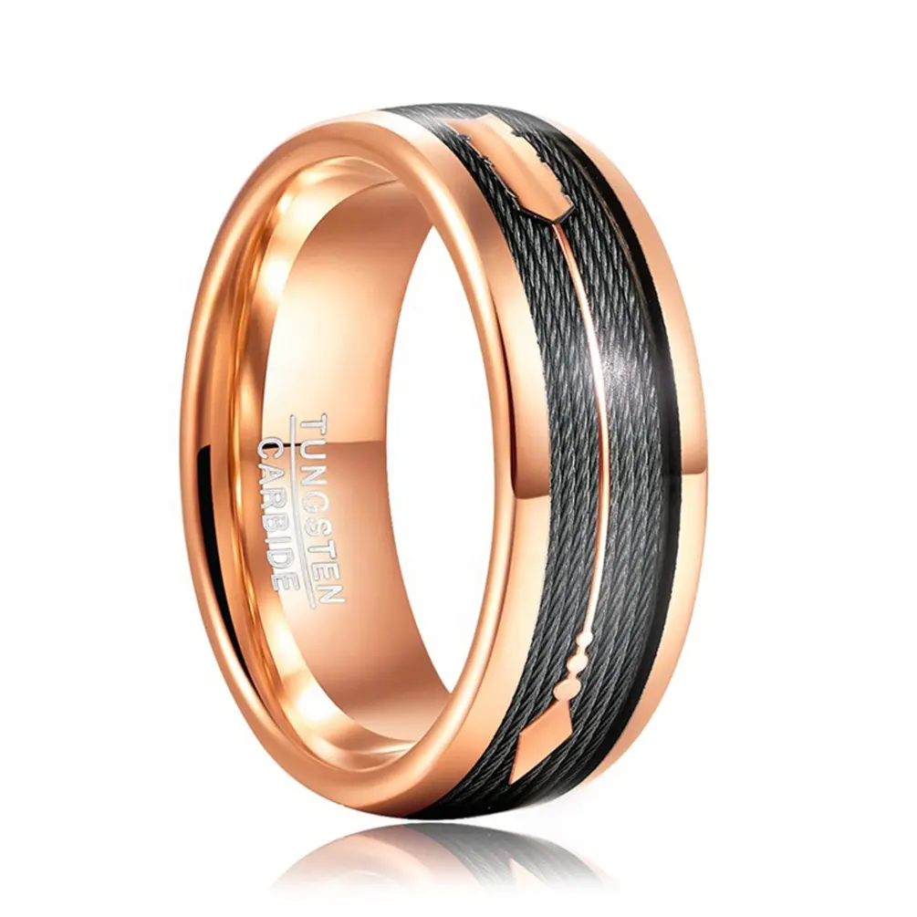 Alin 8MM Rose Gold Plated Competitive Price Wire Inlay Wedding Band Tungsten Carbide Men Rings