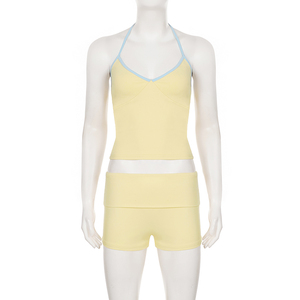 Conjunto Casual de Top Halter con Tirantes y Pantalones Cortos Color Block, Ropa de Dormir Suave, Pijama, Conjunto Deportivo de Dos Piezas para Mujer - Product Image 6