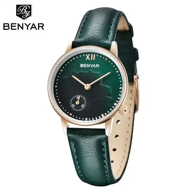 Ladies Dress Luxury Brand Womens Simple Dial Design Watches Quartz Benyar 5158 Red Genuine Leather Band Wrist Watch montre femme