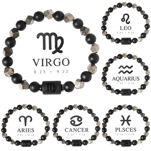 Pulseras <span class=keywords><strong>de</strong></span> Piedras Naturales <span class=keywords><strong>de</strong></span> Moda con los 12 Signos del Zodiaco para Hombre, Joyería Vintage Hecha a Mano en Negro Mate, Venta al por Mayor - Product Image 1