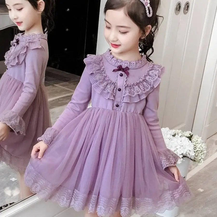 Vestido de princesa infantil de primavera e outono inverno com fio quente para meninas