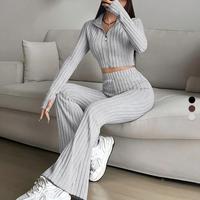 Atasan Yoga Rajut Tanpa Jahitan 2 Potong Kasual Wanita, Celana Panjang Lebar, Bahan Bernapas, Elastis, Slim Fit untuk Olahraga Fitness