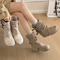 Bottines Western pour femme JR, en PU, à enfiler, avec boucle, style vintage, automne, talons fins rehaussants, hauteur moyenne