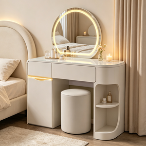 Ensemble de meuble-lavabo intégré crème avec miroir LED rond à anneau et bande lumineuse latérale, tabouret rond en cuir souple, bureau de maquillage pour dressing - Product Image 6