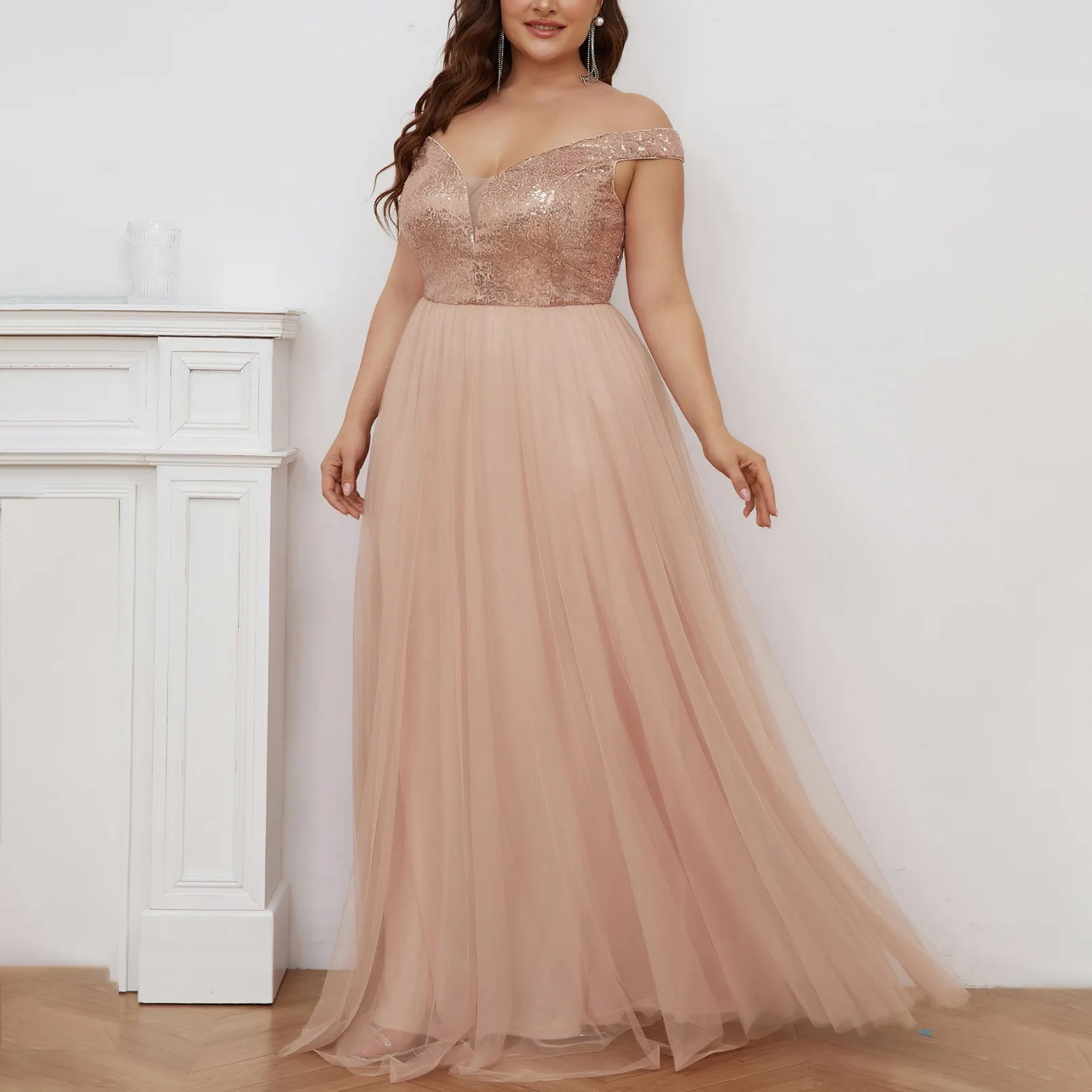 Plus Size Women Sexy V Neck Gold Sequin Tulle Elegant Party Lady Luxury Formal Prom Long Gown Evening Dresses For Wedding Guest
