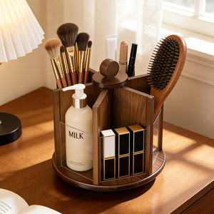 Rotating Cosmetic Storage <b>Box</b> 360 Degree Wood Acrylic Desktop Organizer For <b>Makeup</b> Skincare Perfume Vanity Use - Product Image 2