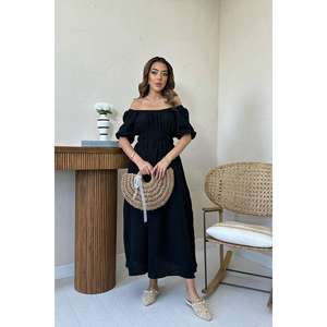 Vestido de Lino Muselina Negro al por Mayor, Elegante con Cuello Fruncido, Ropa Casual Personalizada para el Día a Día, Tallas XS-6XL, Manga Abullonada, Largo hasta la Rodilla, Formal - Product Image 5