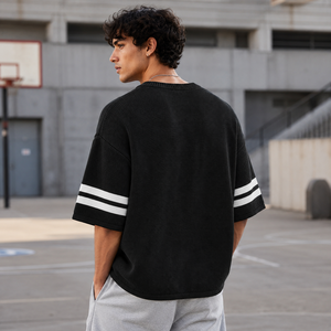 Pull en jersey tricoté rayé 100 % coton personnalisé pour homme, col en V oversize, streetwear, pour les jours de match, hiver - Product Image 2