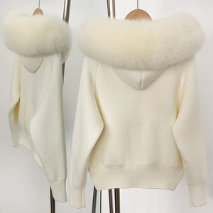 Autunno inverno donna con cerniera a maniche lunghe in maglia <span class=keywords><strong>Cardigan</strong></span> top con cappuccio staccabile grande collo di pelliccia di volpe maglione di lusso femminile - Product Image 5