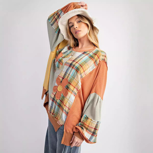 <span class=keywords><strong>Felpa</strong></span> da Donna Casual con Collo Tondo, Motivo Vintage a Quadri e Applicazioni Floreali, Vendita Calda - Product Image 4