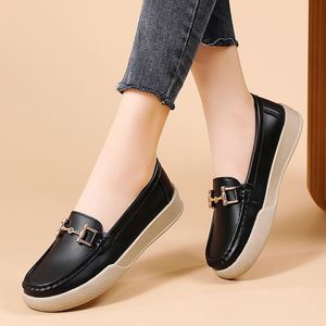 2025 Autumn New Versatile Shallow Mouth Flat Loafers for Women Slip-On Round Toe Metal Buckle <b>Soft</b> Leather Retro Women's <b>Shoes</b> - Product Image 1
