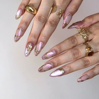 Ongles à presser en acrylique doré avec motif floral en relief, forme amande, style French Manucure, logo personnalisable, multi-usages pour fêtes et usage quotidien