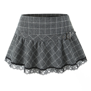 Mini-<span class=keywords><strong>jupe</strong></span> décontractée tendance à imprimé écossais <span class=keywords><strong>gris</strong></span> avec dentelle au bas pour femme – Grande vente - Product Image 1
