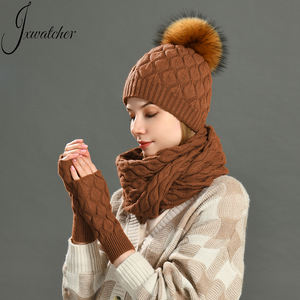 Jxwatcher Vente en gros Ensembles <span class=keywords><strong>bonnet</strong></span> écharpe <span class=keywords><strong>gants</strong></span> 3 pièces Ensemble <span class=keywords><strong>bonnet</strong></span> d'hiver personnalisé en laine et <span class=keywords><strong>cachemire</strong></span> pour femmes de luxe en plein air - Product Image 1
