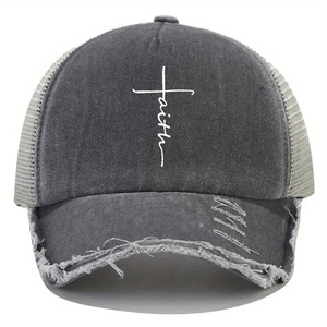Faith Cross Impreso Gorra de béisbol Vintage Raw Hem Lavado Desgastado Malla transpirable Sombrero para el sol Sombreros ajustables para papá - Product Image 2