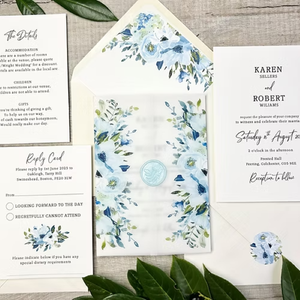 Undangan Pernikahan Vellum Pastel Berwarna-warni yang Dipersonalisasi dengan Desain Floral Cetak Khusus dan Informasi Tambahan - Product Image 3