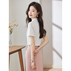 White Short Sleeve Shirt For Women Summer Bow Top Work Blouse Solid Color Polyester Fiber - Product Image 3