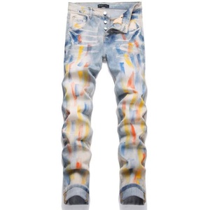Jeans de Mezclilla de Pierna Recta para Hombre, Estilo Vintage Retro Funky, Tejido de Punto, Lavado Medio, Otoño - Product Image 1