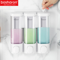 Distributeur de savon liquide triple mural avec bouteille transparente et design verrouillable, 300 ml par compartiment, pour hôtel, maison, salle de bain