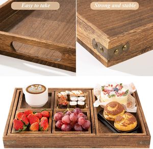 Plateaux de service rustiques en bois avec poignée - Ensemble de 7 plateaux rectangulaires pour recevoir, <span class=keywords><strong>petit</strong></span>-<span class=keywords><strong>déjeuner</strong></span>, table basse, décoration intérieure - Product Image 4