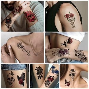 Vente chaude 77 feuilles de tatouages temporaires floraux pour adultes, grandes roses, os, jambes, art corporel, autocollants de tatouage temporaires pour femmes et hommes - Product Image 6