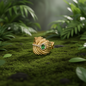 แหวนแฟชั่น ชุบทอง สแตนเลสสตีล พลอยสีเขียว ประดับเพชร ดีไซน์รูปขนนก - Product Image 3